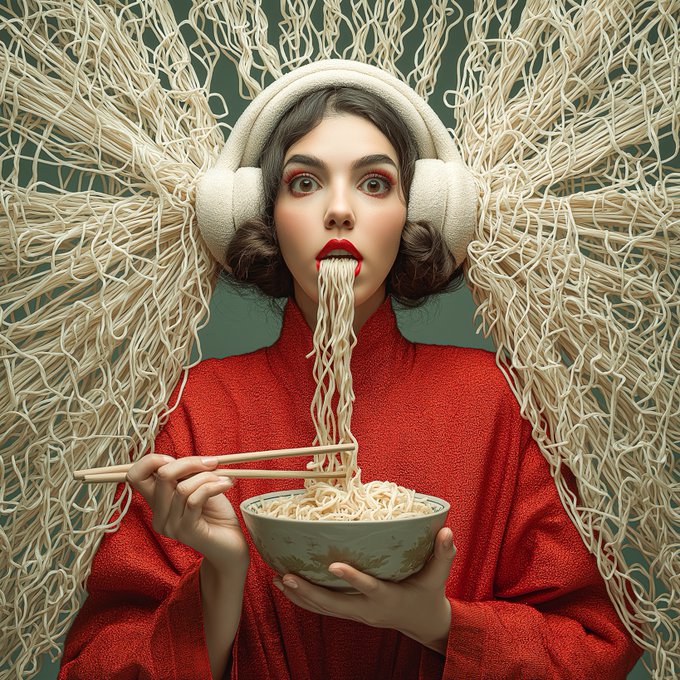 The image features a woman with long hair wearing a red dress, holding a bowl of noodles while eating them. She has white headphones around her neck, adding an interesting visual element to the scene. The caption "Have a wonderful Wednesday! Take the noodles off my ears 1.25xtz" is related to the post and seems to be a part of the image's context or message.