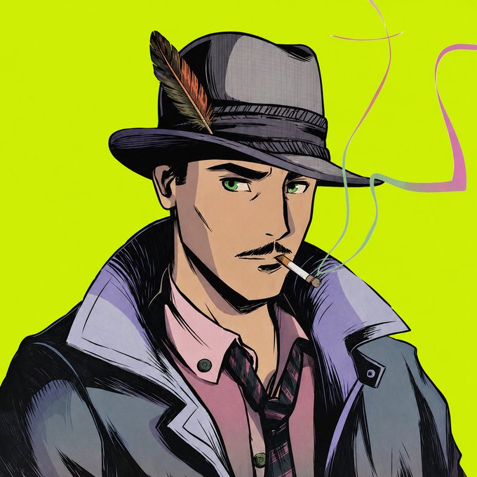 A comic-style illustration of a man wearing a fedora with a feather, a grey coat, and a pink shirt, smoking a cigarette against a bright yellow background.