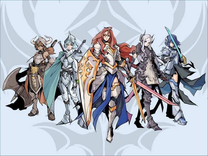 Anime-style illustration featuring five armored fantasy warriors, including a central red-haired knight with a shield and sword, flanked by characters in horned helms and capes against a gray backdrop.