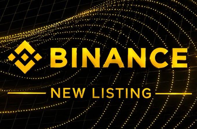 A promotional graphic with a golden Binance logo and the text 'BINANCE NEW LISTING' against a dark, wave-patterned background.