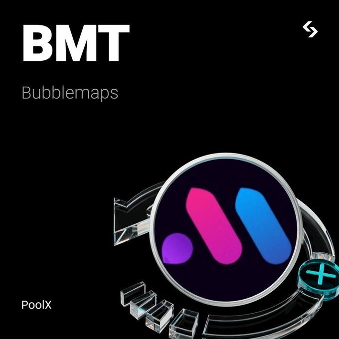 A minimalist promotional graphic on a black background featuring the text 'BMT' and 'Bubblemaps' alongside a 3D logo with pink and blue shapes and 'PoolX' text.