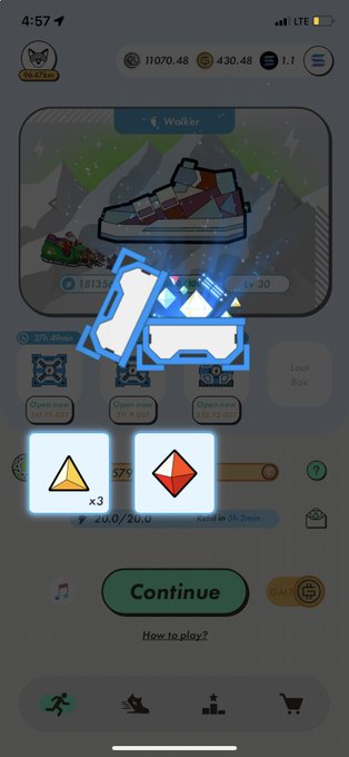 A mobile game screenshot showing a sneaker reward screen with '1.81 zl' and 'LV 30', featuring highlighted blue outlined sneaker graphics, a 'Continue' button, and in-game currency values of '11070.48' and '430.48'.