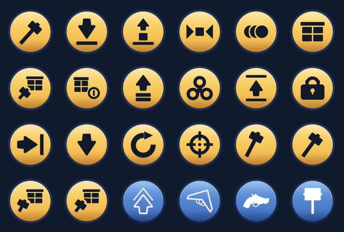 A grid of circular user interface icons with gold and blue backgrounds featuring various symbols including hammers, arrows, a padlock, and refresh icon on a dark navy background.