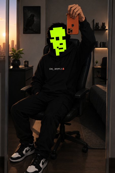 A person with a neon green pixelated face, wearing a black hoodie with "CHI_CRYPTO" text and an orange phone, takes a selfie in front of a mirror. This image directly shows the "Ronksart" on the person's face and the "CHI_CRYPTO" branding on their hoodie.