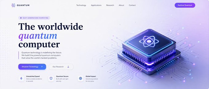 A modern tech landing page for 'Quantum' featuring the headline 'The worldwide quantum computer' and an illustration of a glowing purple quantum processor chip on a circuit board background.