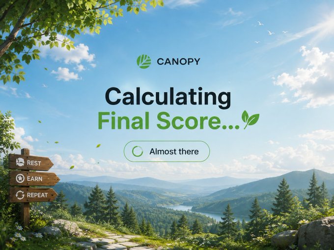 The image features a scenic mountain landscape with a "Canopy" branded overlay reading "Calculating Final Score..." alongside an "Almost there" loading button, visually representing the CNPY Network campaign's transition into its final scoring phase.