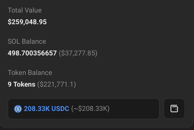 A crypto wallet dashboard showing a Total Value of $259,048.95, including 498.700356657 SOL ($37,277.85), 9 Tokens ($221,771.1), and 208.33K USDC (~$208.33K).