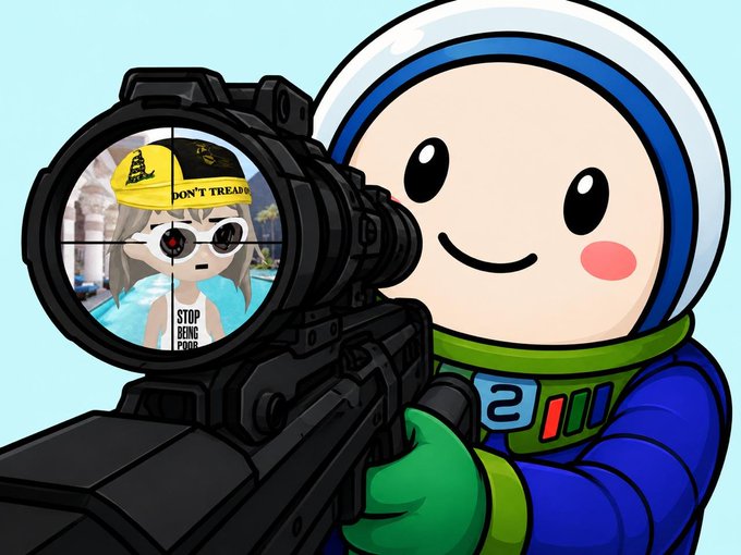 A cartoon illustration of a character in a spacesuit aiming a sniper rifle, with the crosshairs targeting an anime-style figure wearing a 'DON'T TREAD ON ME' hat and a 'STOP BEING POOR' tank top.