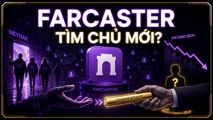 A promotional graphic with Vietnamese text 'FARCASTER TÌM CHỦ MỚI?' (Finding new owner?) showing hands exchanging a gold 'OWNERSHIP' bar with the Farcaster logo and a declining chart.