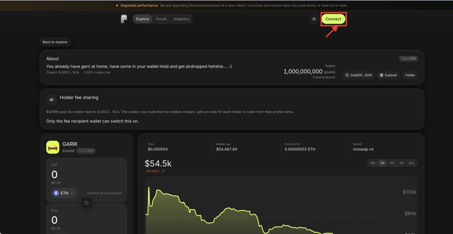 The image shows the Uniswap interface for the $GARRI token, with a red arrow pointing to the yellow "Connect" button in the top right corner. This illustrates Step 2 of the guide, highlighting that users need to click "Connect" to link their wallet (such as the bridged Robinhood Chain wallet) before proceeding with the token swap.