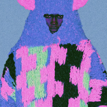 A stylized, textured digital portrait of a figure wearing a purple and pink hooded garment against a blue background.