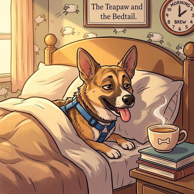A cartoon-style illustration titled 'The Teapaw and the Bedtail' depicts a happy Corgi wearing a blue harness, sitting up in bed next to a steaming coffee mug on a stack of books, with a clock reading 'Morning Brew'.