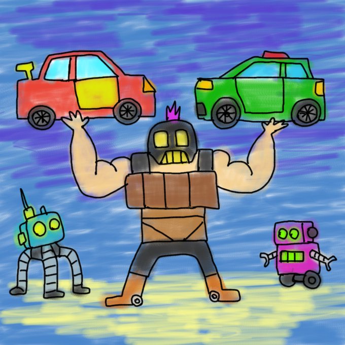 A colorful hand-drawn illustration depicts a muscular figure with a skull-like mask flexing while holding a red car and green car overhead, flanked by a teal robot on the left and a purple robot on the right against a blue and yellow background.