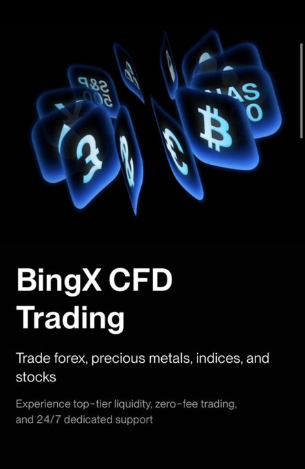 A promotional graphic for 'BingX CFD Trading' against a black background, showing floating blue digital tiles with currency symbols (Bitcoin, Pound, etc.) and text advertising 'Trade forex, precious metals, indices, and stocks' with 'top-tier liquidity, zero-fee trading, and 24/7 dedicated support.'