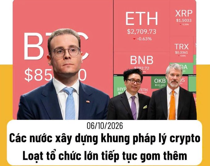 A news graphic dated '06/10/2026' showing three men in suits against a backdrop of cryptocurrency prices (BTC, ETH, XRP, TRX, BNB, OKB), with Vietnamese text translating to countries building crypto legal frameworks.
