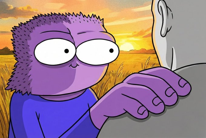 A cartoon illustration showing a purple, spiky-haired figure with large eyes resting their hand on the shoulder of a gray character, set against a savanna sunset landscape.