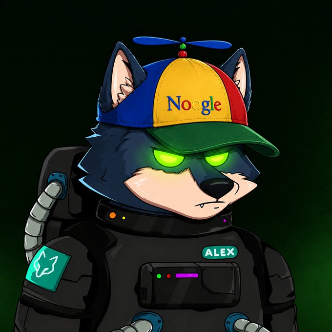 An illustration of a dark-furred, anthropomorphic dog wearing a black spacesuit with 'ALEX' on it and a propeller cap with the text 'Noogle'.