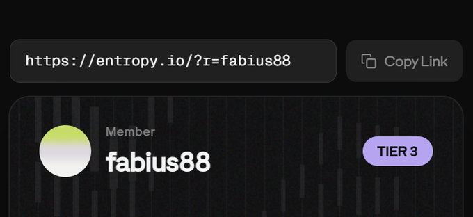 The image shows a referral link for "entropy.io" with the username "fabius88" as a TIER 3 member, displayed alongside a "Copy Link" button and a profile avatar. This visual serves as a testimonial-style graphic promoting entropy.io (tagged @entropyIO in the post) as a crypto project the author is bullish on, likely tying into their broader thesis on $HYPE and promising ecosystem projects.