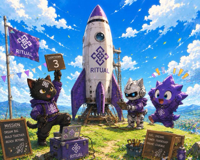 An anime-style illustration shows cartoon characters celebrating around a rocket branded "RITUAL," with a mission chalkboard reading "MISSION: DREAM BIG, BUILD TOGETHER, REACH BEYOND" and a fuel sign listing "DREAMS, POWER: FRIENDSHIP, ENGINE: COURAGE."