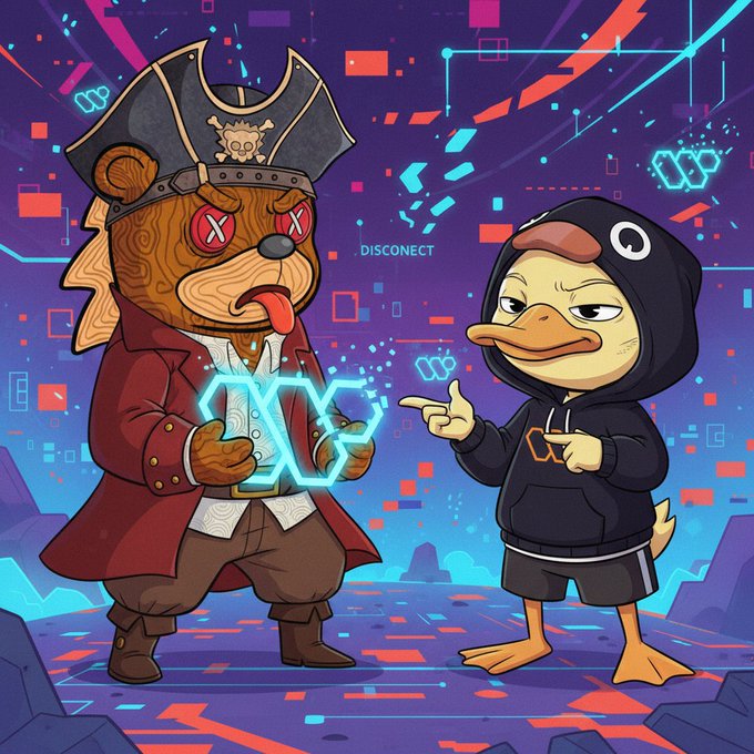 The image features two cartoon characters, a brown bear wearing a pirate hat and a duck dressed in a hoodie with a gun. The bear character appears to be holding a gun while the duck character has a gun pointed at him. They are standing on a rocky surface surrounded by various objects such as a keyboard, a cell phone, and a computer monitor. The background of the image is filled with neon lights, giving it an electronic theme. The caption below the image reads "yo been grinding @wallchain quack points heavy these past days and they stacking decent for consistent activity but bruh the disconnects are real pain sometimes idk how to fix it yet still love the gQuack energy tho and points farm going strong as".