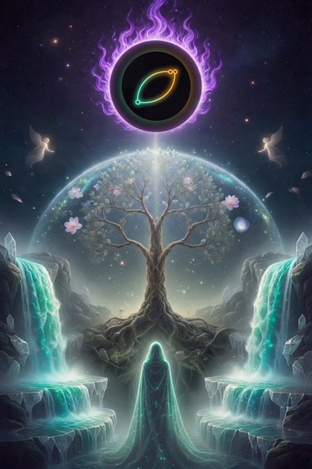 A digital fantasy artwork showing a cloaked figure before a glowing tree, waterfalls, and a dark orb with a flaming purple halo containing a green and yellow symbol.