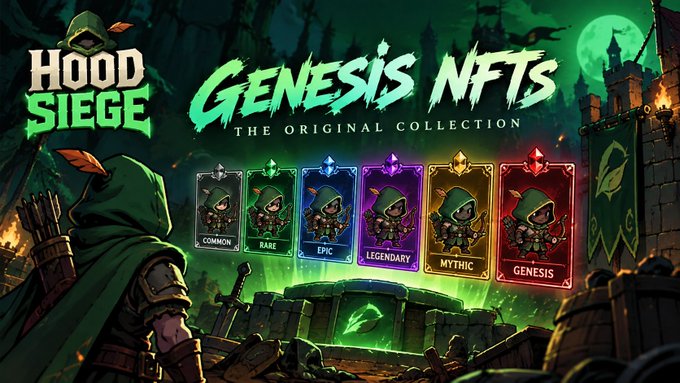 Promotional artwork for 'HOOD SIEGE GENESIS NFTS - THE ORIGINAL COLLECTION' displaying six rarity tiers: COMMON, RARE, EPIC, LEGENDARY, MYTHIC, and GENESIS.