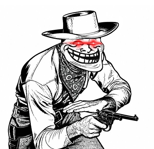A black-and-white illustration of a cowboy with glowing red eyes, grinning widely while pointing a revolver, wearing a hat, bandana, and gun belt.