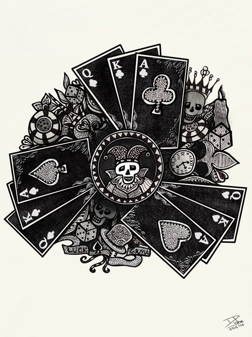 A detailed black and white illustration featuring playing cards (Queen, King, Ace) fanned out around a central skull and crossbones medallion, accompanied by a crowned skull, pocket watch, dice, and decorative flourishes.