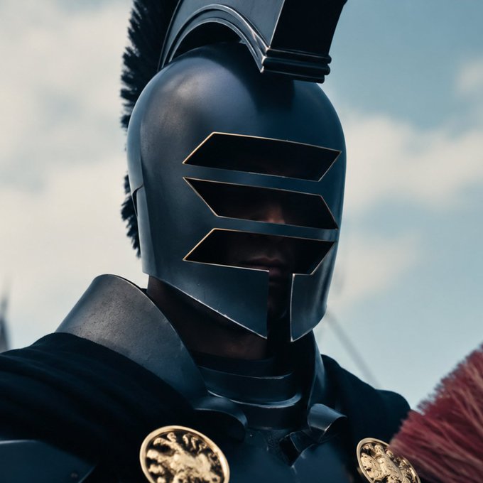 A warrior in dark Spartan-style armor with a plumed helmet stands against a cloudy sky, the only visible text being gold circular emblems on the chest plate. The image's stoic, battle-ready soldier visualizes the post's "$SOLdiers" reference to crypto holders of Solana, embodying the disciplined, soldier-like resolve of the community celebrating a late-night gold bar drop (likely a token distribution or reward).