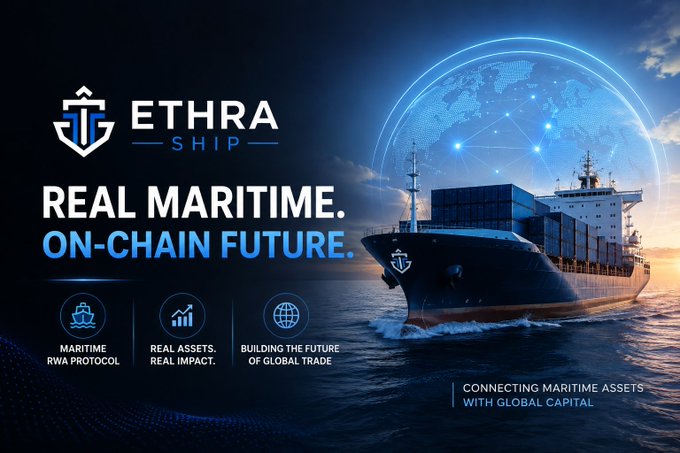 A promotional banner for "ETHRA SHIP" featuring the tagline "REAL MARITIME. ON-CHAIN FUTURE." alongside a large container ship and a digital globe graphic, with icons for Maritime RWA Protocol, Real Assets/Real Impact, and Building the Future of Global Trade.