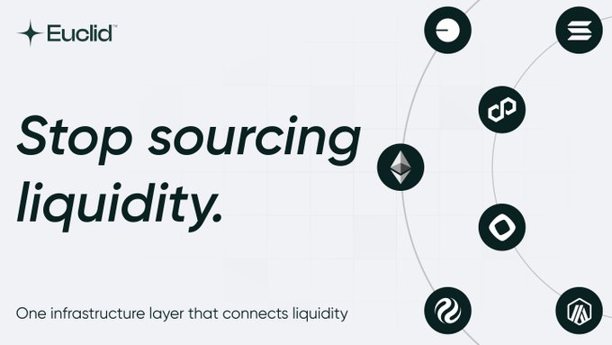 A promotional graphic for 'Euclid' with the tagline 'Stop sourcing liquidity' and the description 'One infrastructure layer that connects liquidity,' featuring crypto logos arranged in a circular pattern.