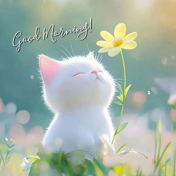 A cute digital illustration of a fluffy white kitten with its eyes closed, sitting in a grassy field next to a yellow flower, with 'Good Morning!' written in cursive text.