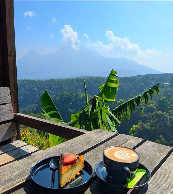 A scenic outdoor view from a wooden table holding a slice of strawberry-topped cake and a cup of cappuccino, overlooking a lush tropical landscape with banana leaves and a distant mountain under a blue sky.