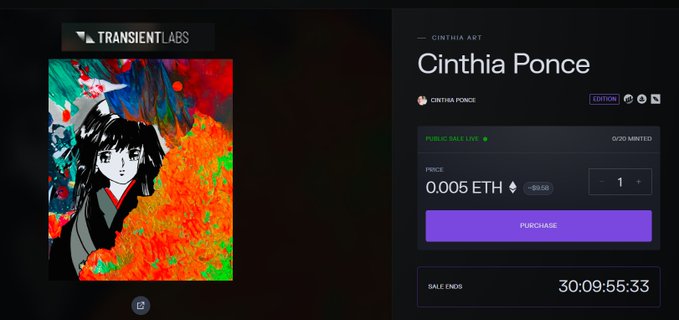 An NFT marketplace listing for a Transient Labs digital art piece titled 'Cinthia' by artist Cinthia Ponce, priced at 0.005 ETH, with a sale timer counting down from approximately 30 days.