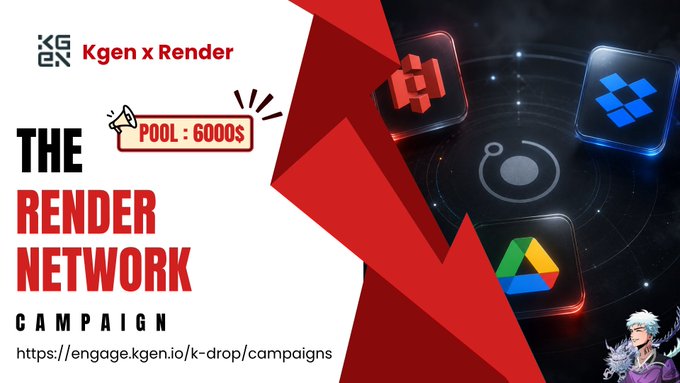 The image is of an advertisement poster for a campaign titled "The Render Network Campaign". It features several elements such as logos, text, and illustrations related to an advertisement or promotional event. One of the images shows a person with a funny cartoon face, possibly related to an art contest in the collaboration event between @KGeN_Community x @rendernetwork. The rest of the image showcases different creative contents for this campaign, including an artwork contest with three distinct pieces and a meme contest featuring two different memes. These visuals provide a glimpse into what the participants might be showcasing during the campaign.