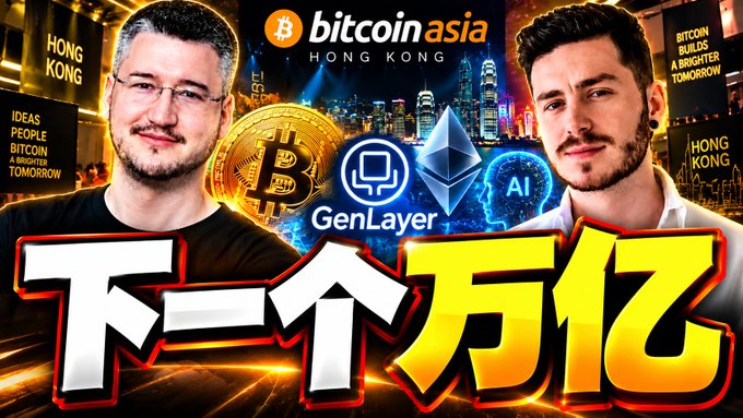 A YouTube thumbnail features two men flanking Bitcoin and GenLayer logos with a Hong Kong cityscape background, alongside Chinese text reading '下一个万亿' (next trillion).