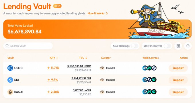 A screenshot of a 'Lending Vault' interface showing a Total Value Locked of $6,678,890.84 with vaults for USDC, SUI, and haSUI curated by Haedal, featuring an illustration of a captain on a ship.