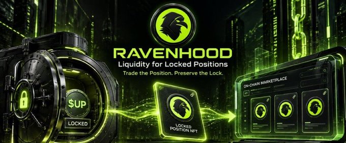 A promotional banner for "RAVENHOOD - Liquidity for Locked Positions" featuring a green eagle logo, a locked vault marked "$UP LOCKED," a "Locked Position NFT" card, and an on-chain marketplace interface.