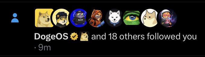 A social media notification showing 'DogeOS and 18 others followed you' 9 months ago, displayed with several profile picture icons.