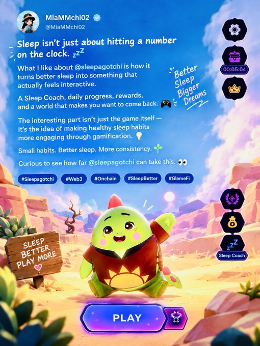 A promotional screenshot from MiaMMchi02 on Twitter endorsing @sleepagotchi, featuring a green dinosaur-like character in a desert landscape alongside text praising the app's gamified sleep coaching features.
