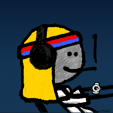 A digital drawing of a yellow cartoon character wearing headphones with red and blue stripes, sitting at what appears to be a piano keyboard.