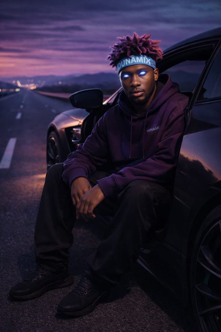 A stylized digital illustration of a young man with pink-tipped hair wearing a "DUNAMIX" headband, sunglasses, and a matching purple hoodie, sitting against a dark car on a road at sunset.