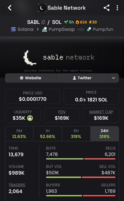 A screenshot of the Sable Network token page on a crypto tracker, showing SABL/SOL price at $0.0001770 (0.05 SOL), market cap $169K, and 319% gains.