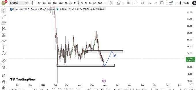 The image presents a graph of a cryptocurrency price trend, with prices shown against the time frame as they change over several months. The graph is filled with lines indicating various price movements, likely representing different cryptocurrencies being tracked at this time period. In the corner, there is an overlay containing text in bold white letters that says "LTC HOLDERS MUST WATCH THIS MOVE. LTC is sitting inside a major daily demand zone around $50 - $51 Strong reaction expected if buyers defend this area Possible bullish push toward $54 - $55 resistance zone Rejection from resistance could create another pullback". This text suggests that the price of Litecoin has reached an all-time high, and it might be a good idea for those who have invested in it to watch closely for potential future gains or losses.