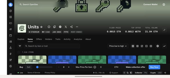 A screenshot of the OpenSea NFT marketplace showing the 'Units' collection on the Ethereum blockchain, with 7,310 items, a floor price of 0.0015 ETH, top offer of 0.0012 ETH, and total volume of 21.04 ETH.