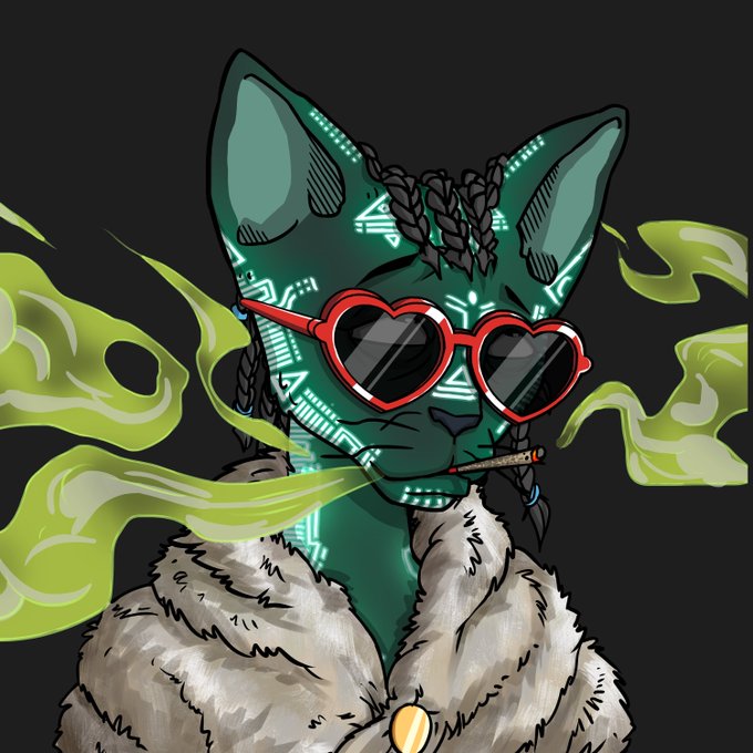 A digital illustration of a stylized green cat-like character wearing heart-shaped red sunglasses and a fluffy fur coat, smoking a cigarette while surrounded by green smoke.