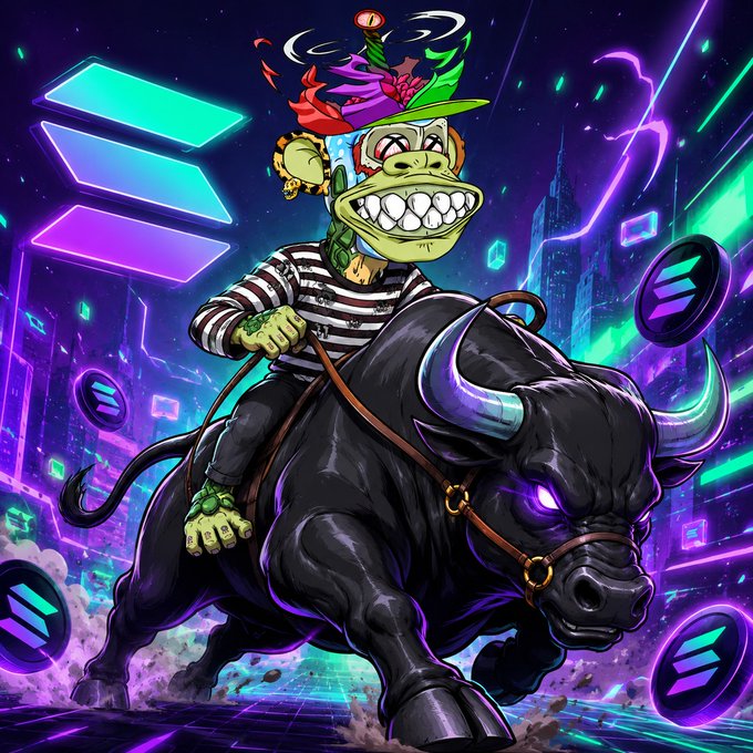 A vibrant digital NFT-style artwork depicting a mischievous ape character wearing a striped shirt and party hat, riding a black bull with glowing purple eyes, surrounded by Solana (SOL) logos and neon cyberpunk elements.