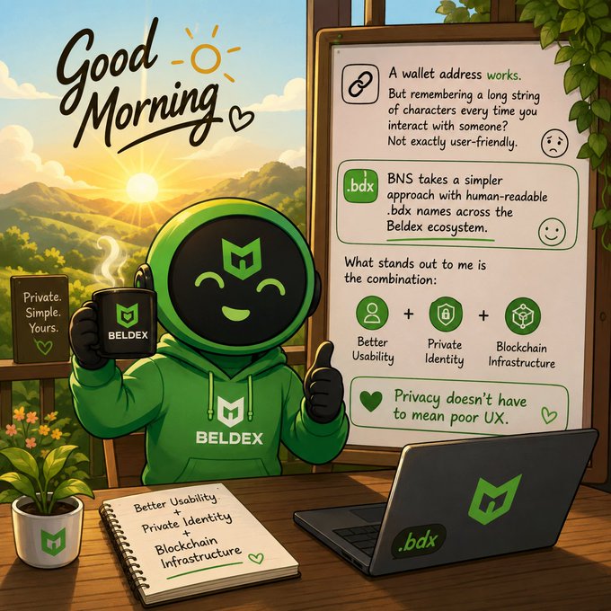 A stylized cartoon image featuring a green mascot in a 'BELDEX' hoodie holding coffee next to a laptop, with text explaining that BNS uses human-readable '.bdx' names for better usability, private identity, and blockchain infrastructure.
