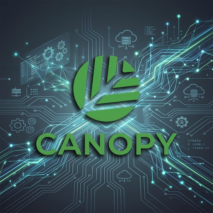 A digital graphic featuring a green leaf-like logo with the word 'CANOPY' below it, set against a dark technological background with circuit lines, cloud icons, and code snippets.