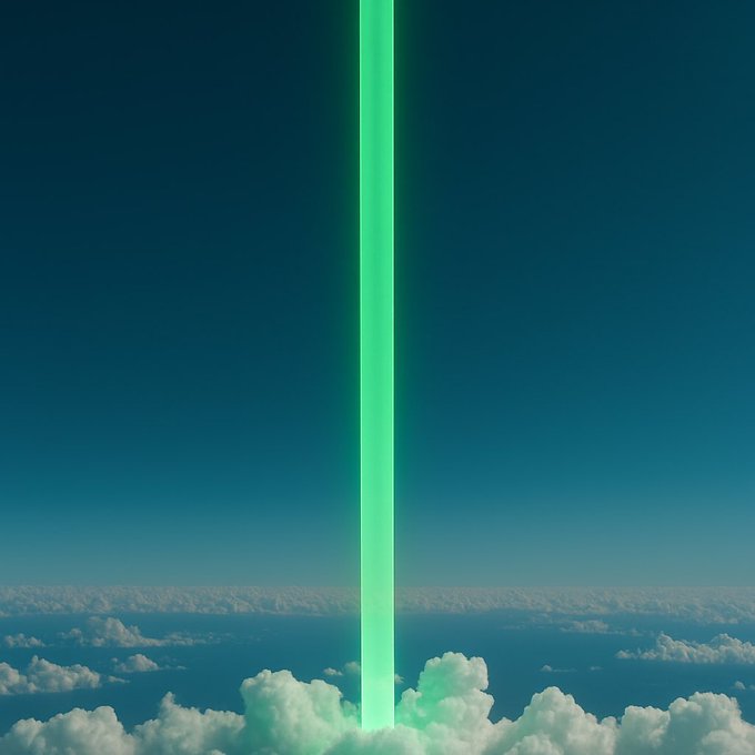 A luminous green laser beam pierces through fluffy white clouds against a deep teal sky, evoking the dramatic image of a token rocketing upward. The striking visual perfectly complements the post's invitation for users to predict which cryptocurrency will be the next to skyrocket.